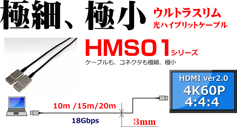HMS01シリーズは、HDMIver2.0対応の、超極細光ハイブリットケーブルです。